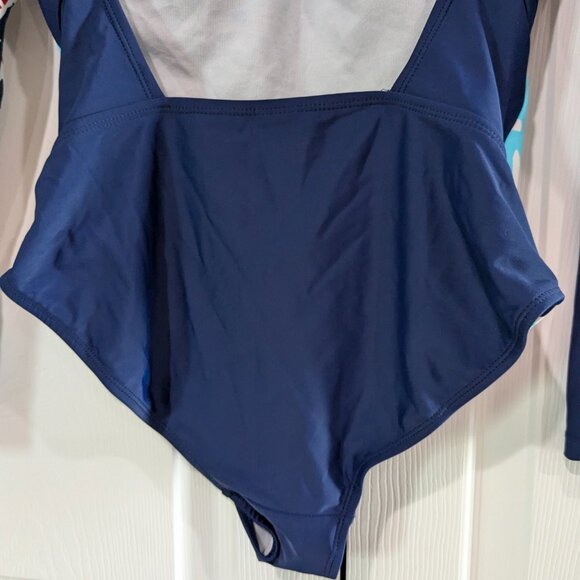 US Polo Assn. Women's Floral Long Sleeve Swimsuit, Navy, Size M (7-9), Tie Back - Picture 12 of 16